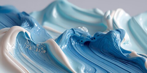 Abstract blue and white paint waves create a textured and dynamic surface resembling ocean waves.