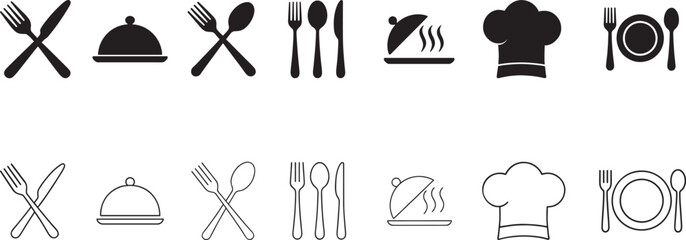 Fork, spoon, knife, plate, chef hat and cloche silhouette icon set for food design.