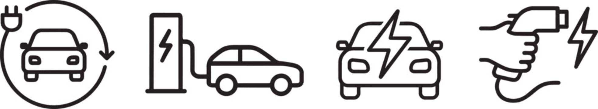 Electric car and EV charge station silhouette icon set for eco transport and energy.