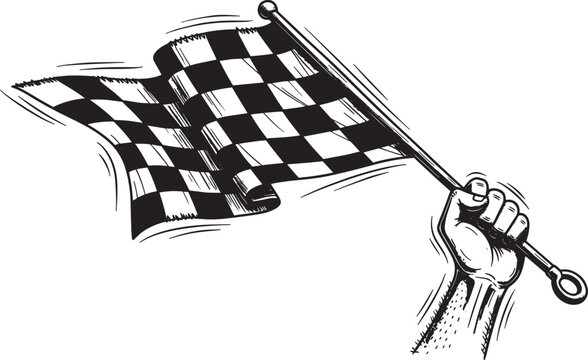 checkered racing flag waving in hand