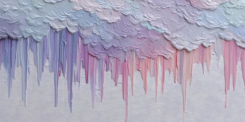 Abstract painting with colorful, textured clouds dripping in pastel shades of pink, lavender, and blue.