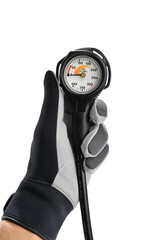 Pressure gauge on diver's hand    