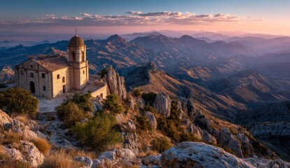 Historic Stone Chapel on Mountain Ridge Surrounded by Rocky Terrain and Vegetation at Sunset