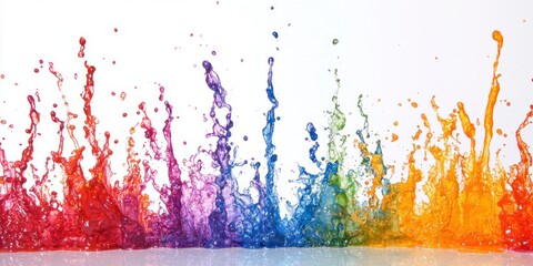Vibrant Rainbow Color Paint Splashes Creating Abstract Liquid Spectrum on White Background