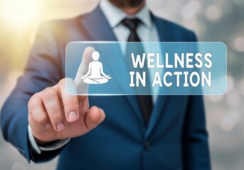 Businessman touching screen with wellness in action text