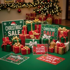 Christmas sale promotion with stack of gifts and festive discount signs