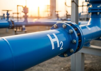 Blue Hydrogen Pipeline with H2 Symbol at Sunset industrial