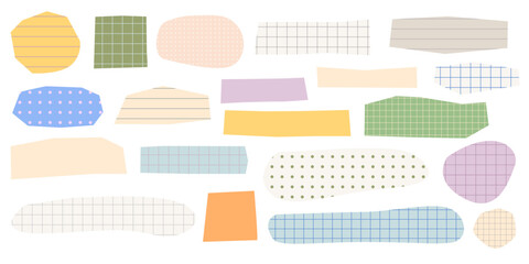 Vector set of colorful pastel paper scraps, washi tape strips, torn, unevenly cut out with scissors from school notebook with grid, line, dot pattern for scrapbooking, bullet journaling, presentation.