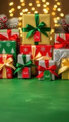 Stacked christmas gifts with bright ribbons and tags against bokeh background for holiday greeting card design