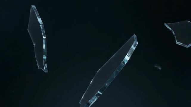 Shattered Glass Fragments Falling Against Dark Background with Dramatic Lighting