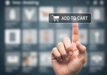 Finger presses add to cart button on blurred shopping interface