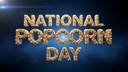 Stunning three dimensional typography renders the festive phrase national popcorn day using realistic puffy kernels against a dark blue gradient background creating a celebratory atmosphere for snack 