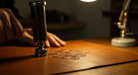 Person preparing to make a wax seal on a wooden desk under a lamp.