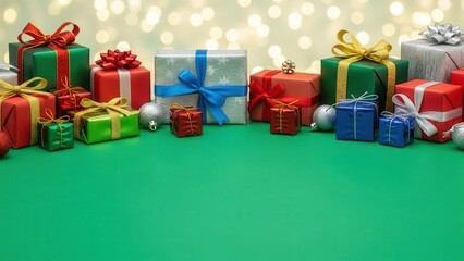 collection of christmas gifts on a green surface with bokeh lights