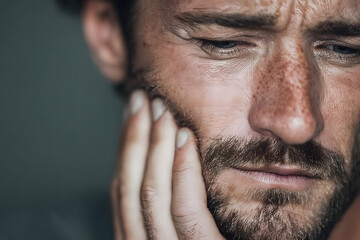 Fototapeta premium Young man experiencing an acute toothache or dental pain, touching his jaw with a hand, depicting discomfort, dental problems, and the need for urgent dental care or treatment