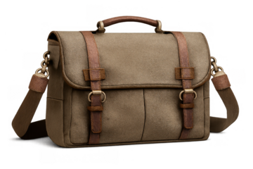Canvas messenger bag with leather straps, vintage style briefcase for travel and work, clean isolated on transparent background