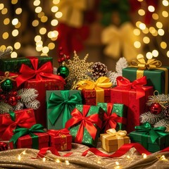 Pile of wrapped christmas gifts with festive bows and sparkling lights background