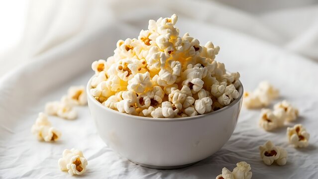 Freshly popped, delicious, white movie theater style popcorn overflowing from a simple ceramic bowl resting on a slightly wrinkled white cloth background creating a bright, airy, and minimalist snack - Powered by Adobe