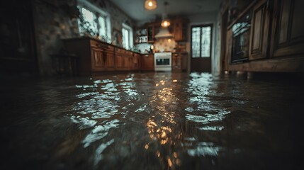 Water floods a modern kitchen floor showing reflection of cabinets in standing water, realistic texture of wet wood, and dramatic lighting.