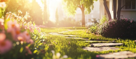 Peaceful garden path with stepping stones, lush green grass, and blooming flowers bathed in warm golden hour sunlight, leading to a cozy house backyard.