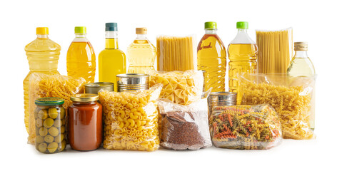 Foodstuff for donation, storage and delivery. Various food, pasta, cooking oil and canned food in cardboard box.