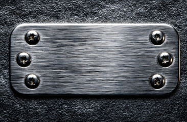 Blank silver metal name tag isolated on white background. Metallic plate with screws. Brushed steel nameplate. Empty label for identification. Silver badge with bolts. Grey metal tag. Blank plate for