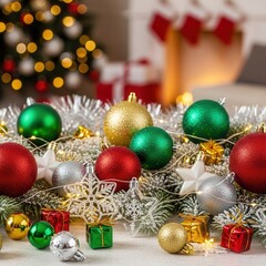 Christmas decorations with ornaments and string lights on a bright background festive holiday scene