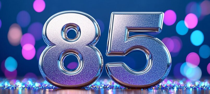 Stylish Silver 85th Birthday Celebration with Blue Bokeh Background and Metallic Accents.
