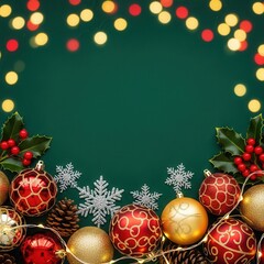 Christmas background with red and gold ornaments and snowflakes on green surface with bokeh lights