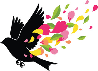 Black bird silhouette with colorful petals and leaves flying away on white background Keywords: bird © Papi