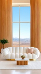 70s glam living room, tall fluffy white sofa, brass details, massive vertical window showing vast desert sunset, rich texture, warm light