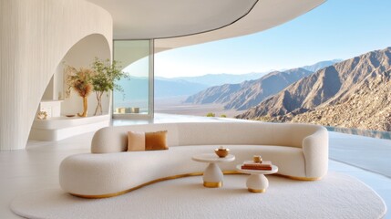70s glam lounge, long shaggy cream sofa, gold accents, vast desert sunset view through curved window, tactile, luxurious