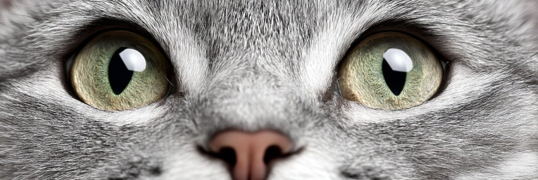 Close-Up of a Gray Tabby Cat with Bright Green Eyes and a Pink Nose on a White Background - Powered by Adobe