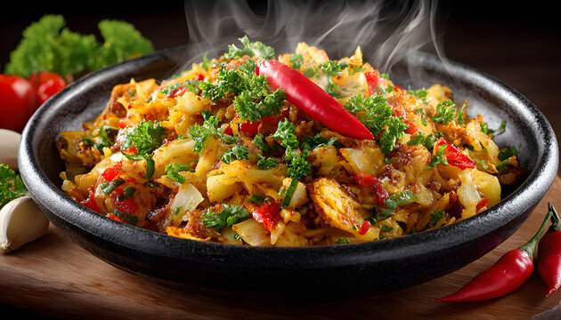 Hot Kottu Roti dish in black bowl with parsley, red chili. Sri Lankan cuisine with chopped roti, vegetables, spices. Ingredients like garlic, tomato, chili pepper around. Spicy food, culinary,