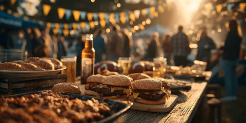 Football tailgate scene with food and drinks before. Gridiron pregame gathering victuals beverage enjoyment festive occasion sporty celebration outdoor recreation nourishment