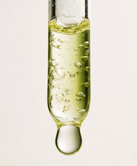 Dropping Serum, Liquid Bubbles, Laboratory, Macro Close-Up, Clean Background, Scientific Concept