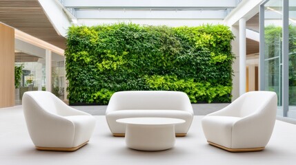 Biophilic design lounge, centered white boucle armchair group, background full vertical garden living wall, skylight above, fresh bright atmosphere