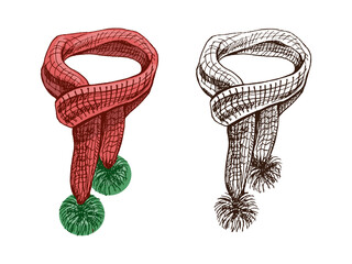 Hand drawn vintage sketch of red knitted scarf with green pompoms in color and monochrome version, isolated vector set