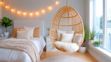 Boho bedroom corner, centered hanging rattan egg chair filled with a fluffy sheepskin and knitted blanket, next to a bed, warm string lights, cozy evening