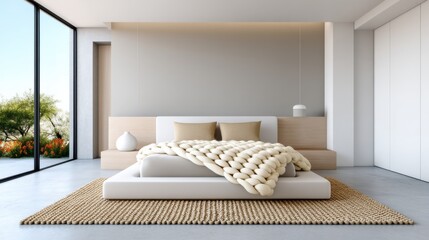 Contemporary bedroom, centered low platform bed. Feature wall is smooth grey microcement. Bed cover is a giant chunky knit wool throw in cream color
