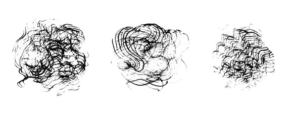 Abstract grunge cross scribble striped chaotic round textures of black ink brush strokes. Artistic vector paintbrush textured geometric shape border set for texture frame design, cage, angry concept