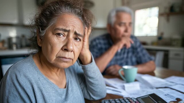 Worried senior woman overwhelmed with bills, husband in background. Financial stress, debt, anxiety. Older couple facing hardship. Retirement concerns, domestic scene. Serious mood, hope lost.