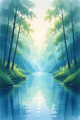 Serene Forest River with Misty Haze and Reflections