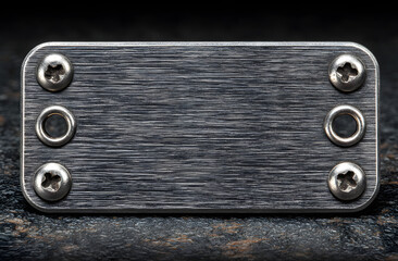 Blank silver metal name tag isolated on white background. Metallic plate with screws. Brushed steel nameplate. Empty label for identification. Silver badge with bolts. Grey metal tag. Blank plate for