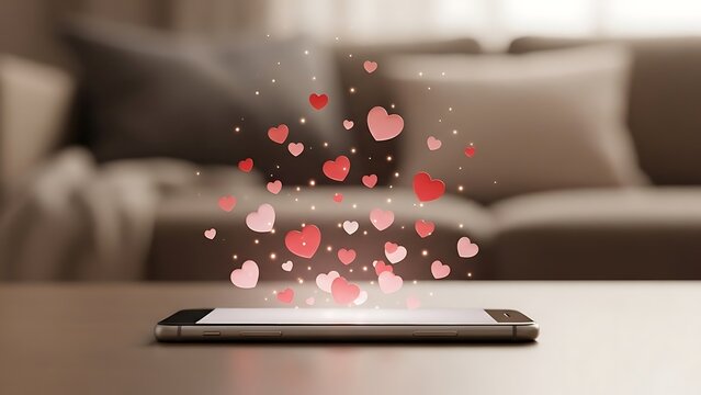 Digital love concept: numerous pink and red hearts emerging from a smartphone screen on a table - Powered by Adobe