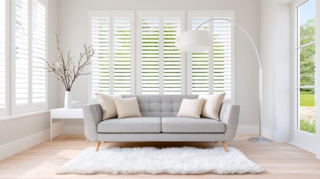 Cozy lounge area, centered textured grey sofa. Windows fitted with white plantation shutters. Minimalist console table with a single branch