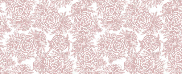 Vintage engraved sketch drawing textured floral seamless pattern of pale maroon pink roses bunch bouquets with leaves. Delicate botanical peony flowers print for textile, surface design
