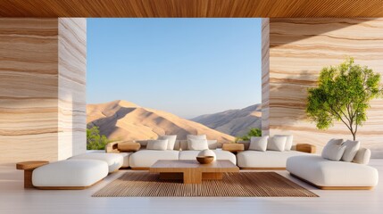 Earthy luxury living room, centered low linen modular sofa, rammed earth walls with layered sediment texture, warm golden hour light, view of desert dunes