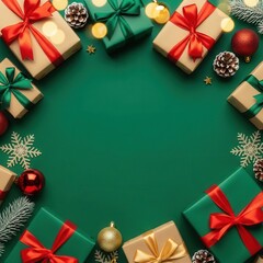 Christmas gifts and decorations arranged in a circular frame on a green background