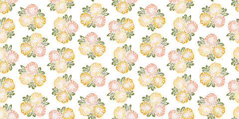 Cute summer colors floral seamless pattern with hand drawn sketch orange and coral collage gerbera flowers. Lovely light boho botanical print for textile, wrapping paper, surface, package